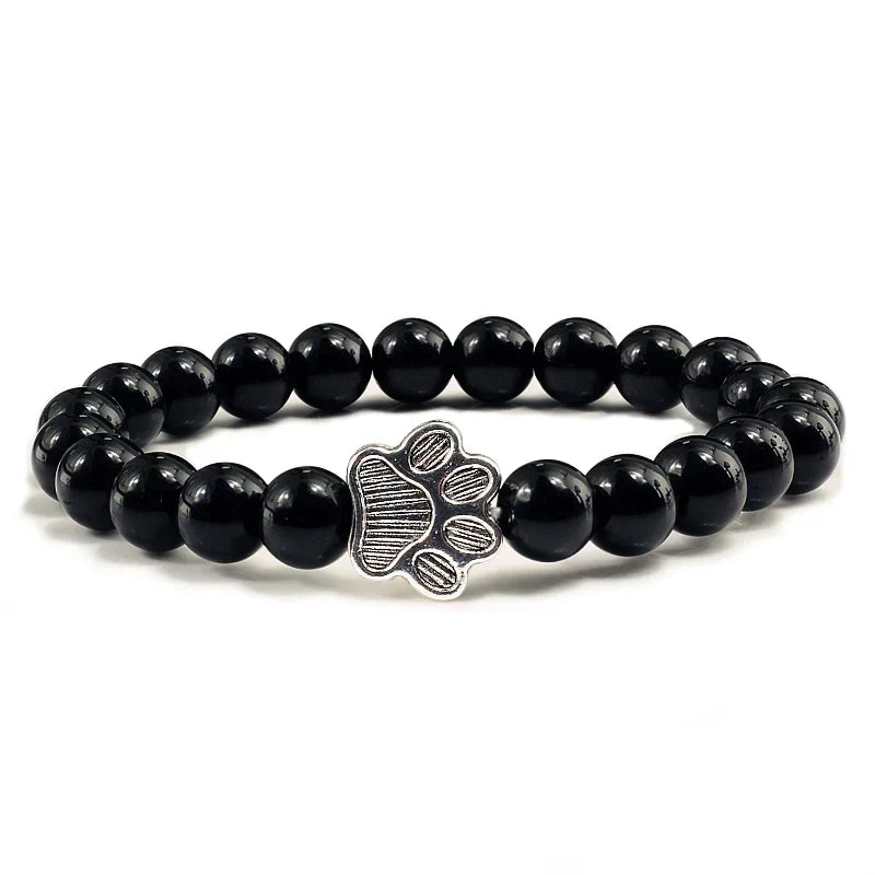 Pulsera de piedra natural con colgante de pata de animal – Pulsera elástica de cuentas para hombres y mujeres